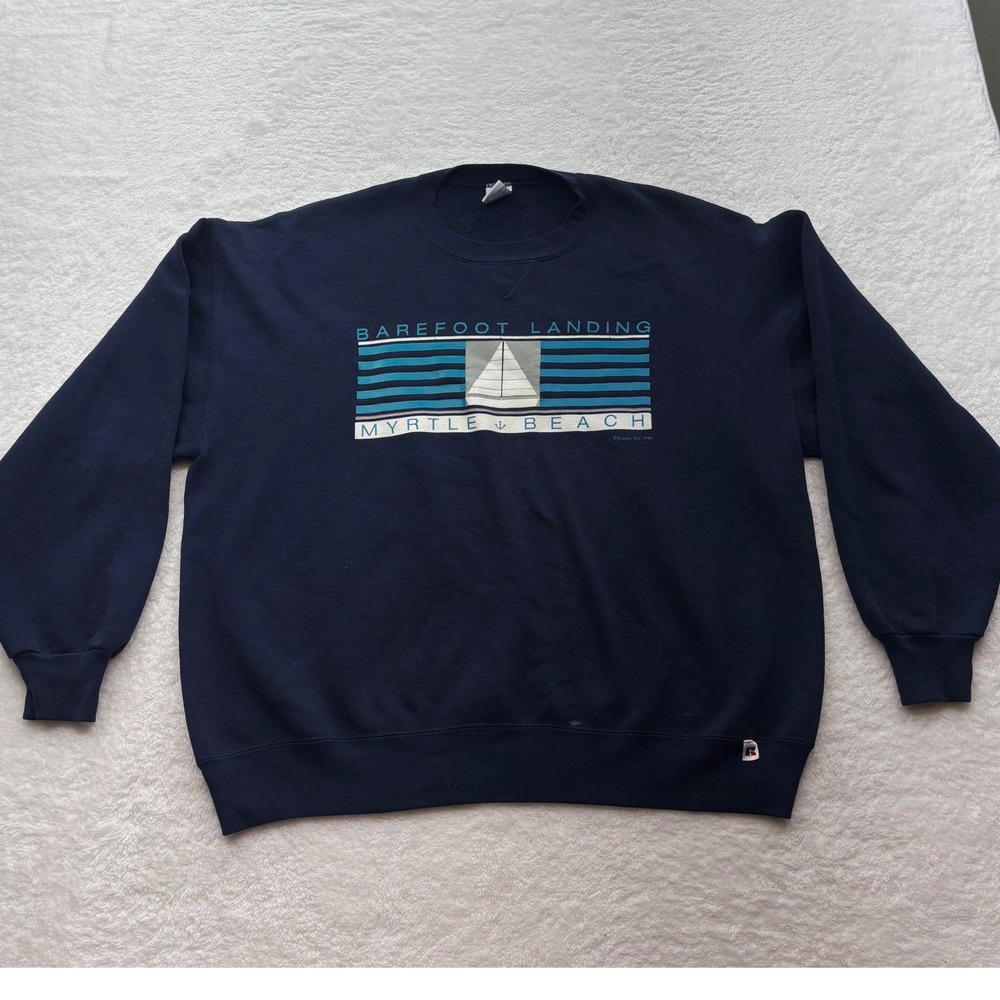 Vintage 1990 Russell Athletic Myrtle Beach Barefoot Landing Sweatshirt XXL Navy
